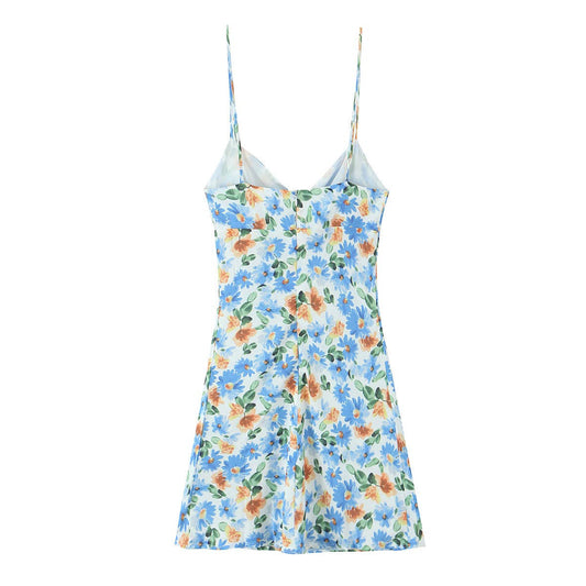 Daisy printed tie bow V-neck strappy long dress