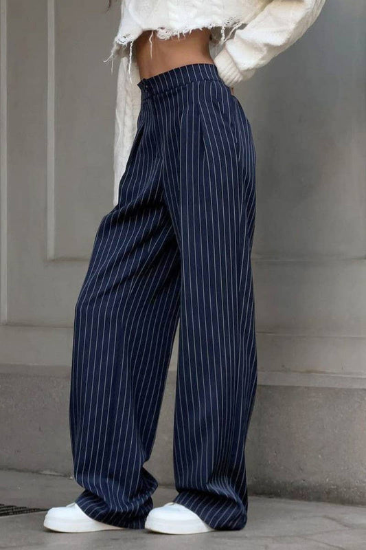 CWBLP1721_HIGH-WAISTED NAVY BLUE STRIPED STRAIGHT-LEG PANTS
