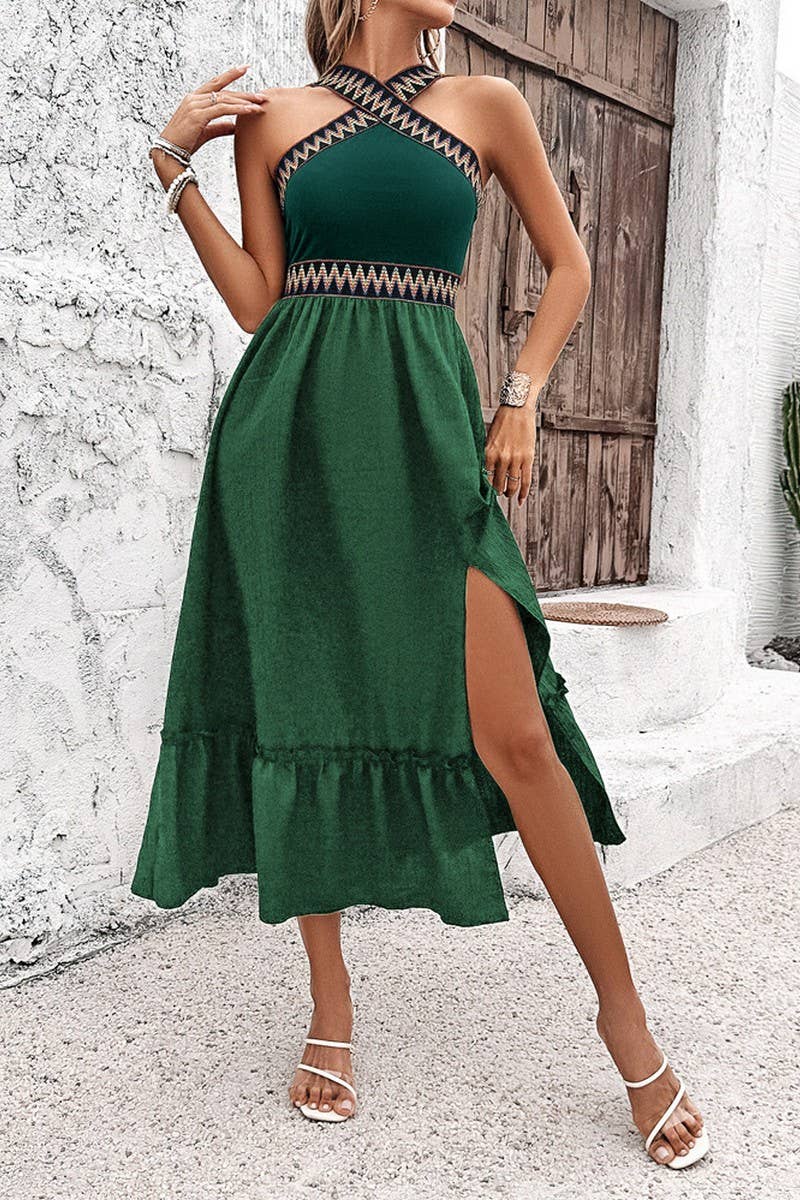 CWDTD0413_HIGH WAIST HALTER NECK CONTRAST COLOR SLIT DRESS