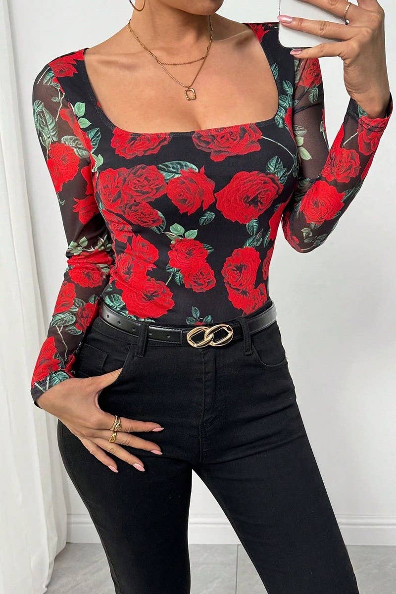 CWTBLL3913_ROSE FLORAL MESH PRINT SEXY U-NECK TEE