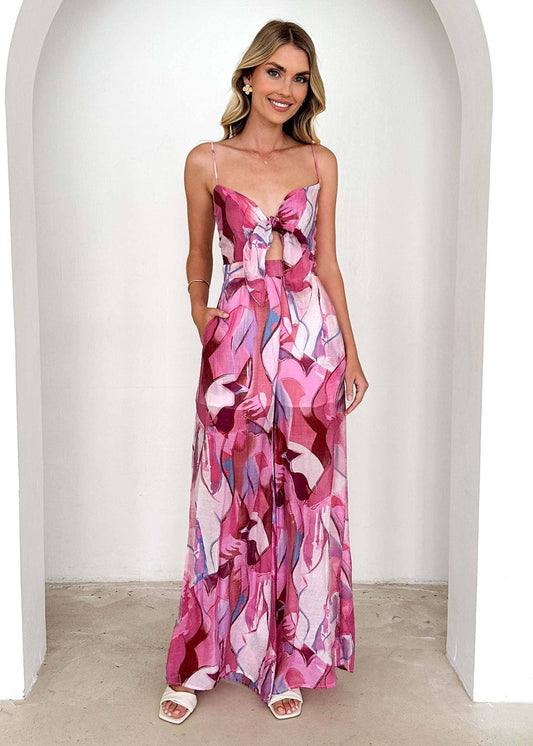 Casual print halter with bow tie jumpsuit