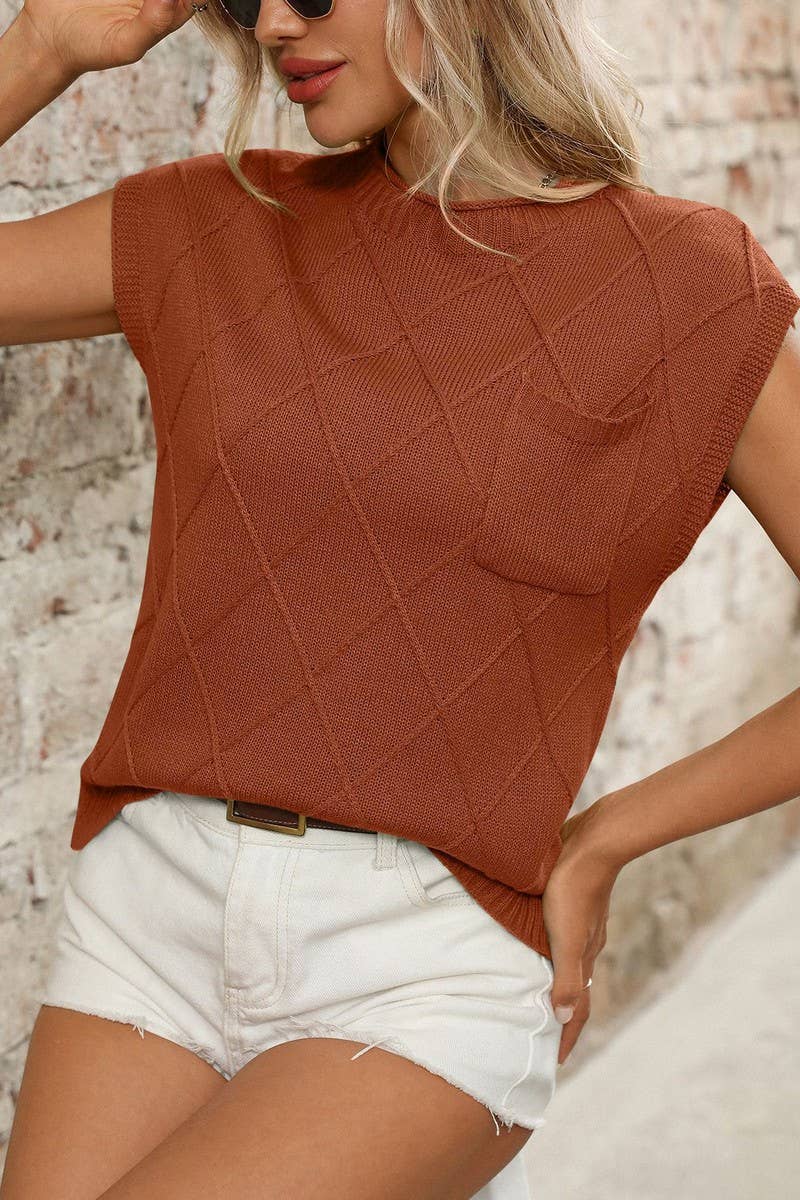 CWTTS1370_ROUND NECK DIAMOND CHECK KNITTED SHORT SLEEVES