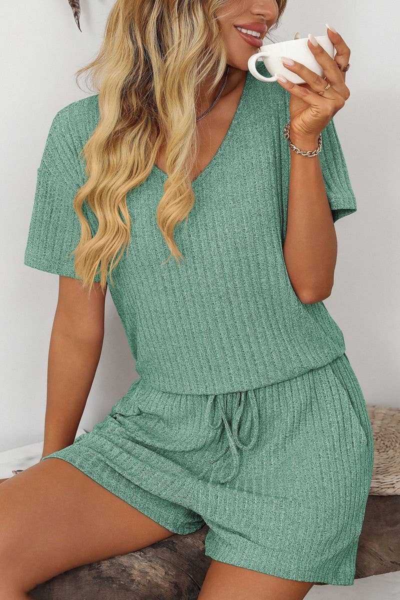 CWSTB1663_SOLID COLOR STRIPED SHORT-SLEEVED HOME WEAR SUIT