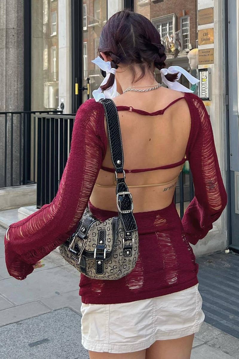 CWOSWL5186_SEXY VINTAGE LONG-SLEEVED CUT-OUT HALTER TOP