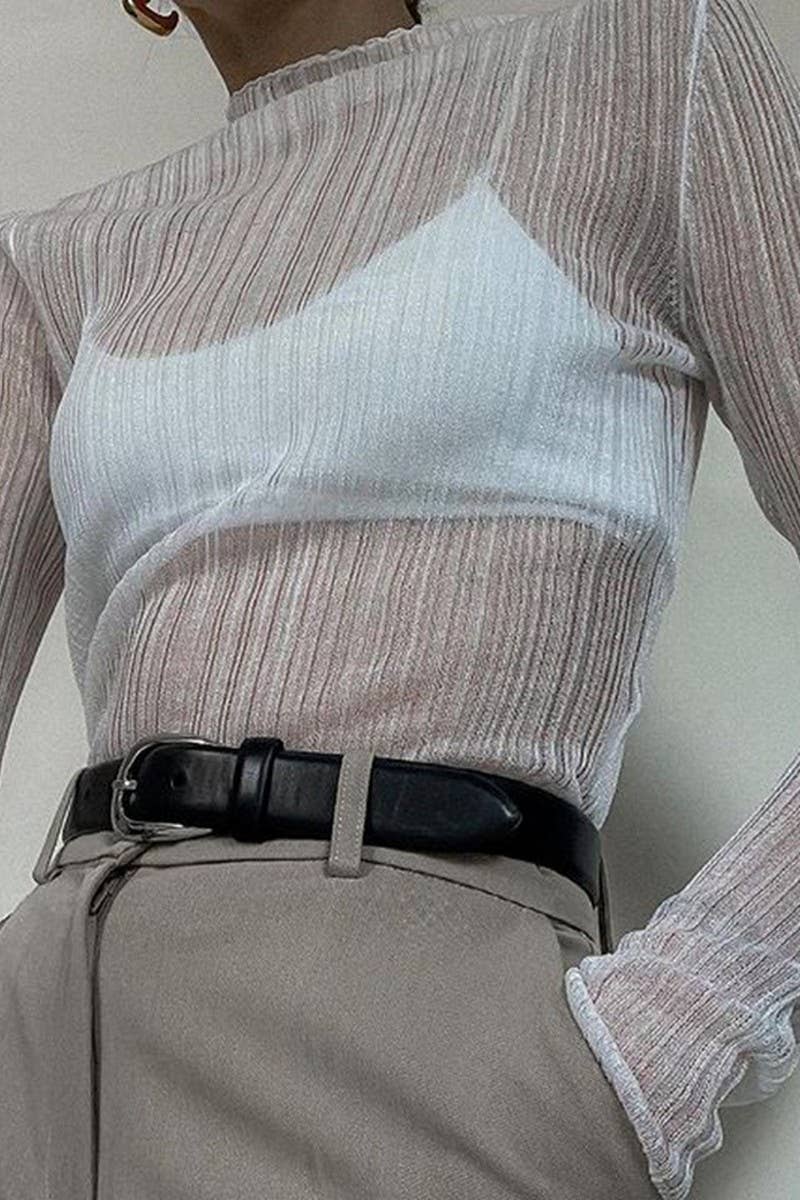 CWTBLL3435_SOLID COLOR LONG SLEEVE MESH SEE-THROUGH TOP