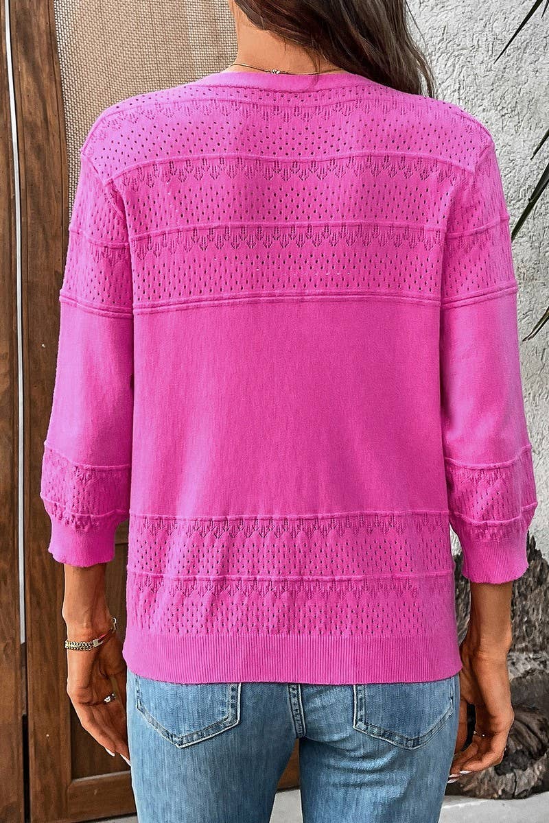 CWOCAL2303_THREE-QUARTER SLEEVE HOLLOW KNIT V-NECK CARDIGAN