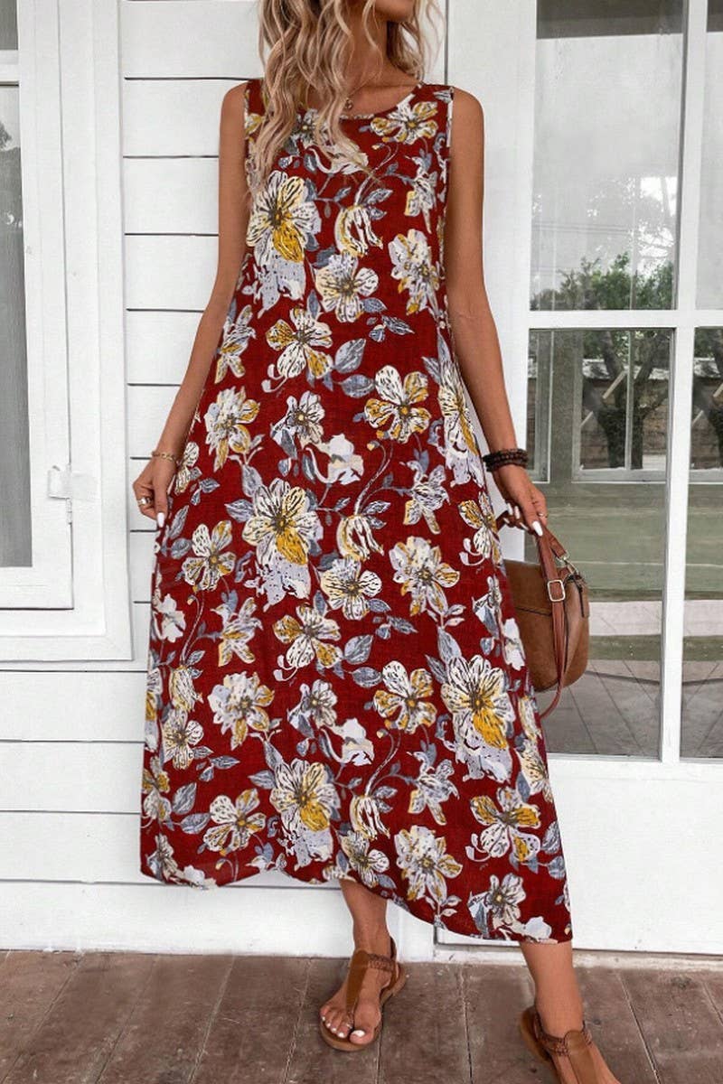 CWDMD5872_SLEEVELESS FLORAL PRINT ROUND NECK A-LINE DRESS