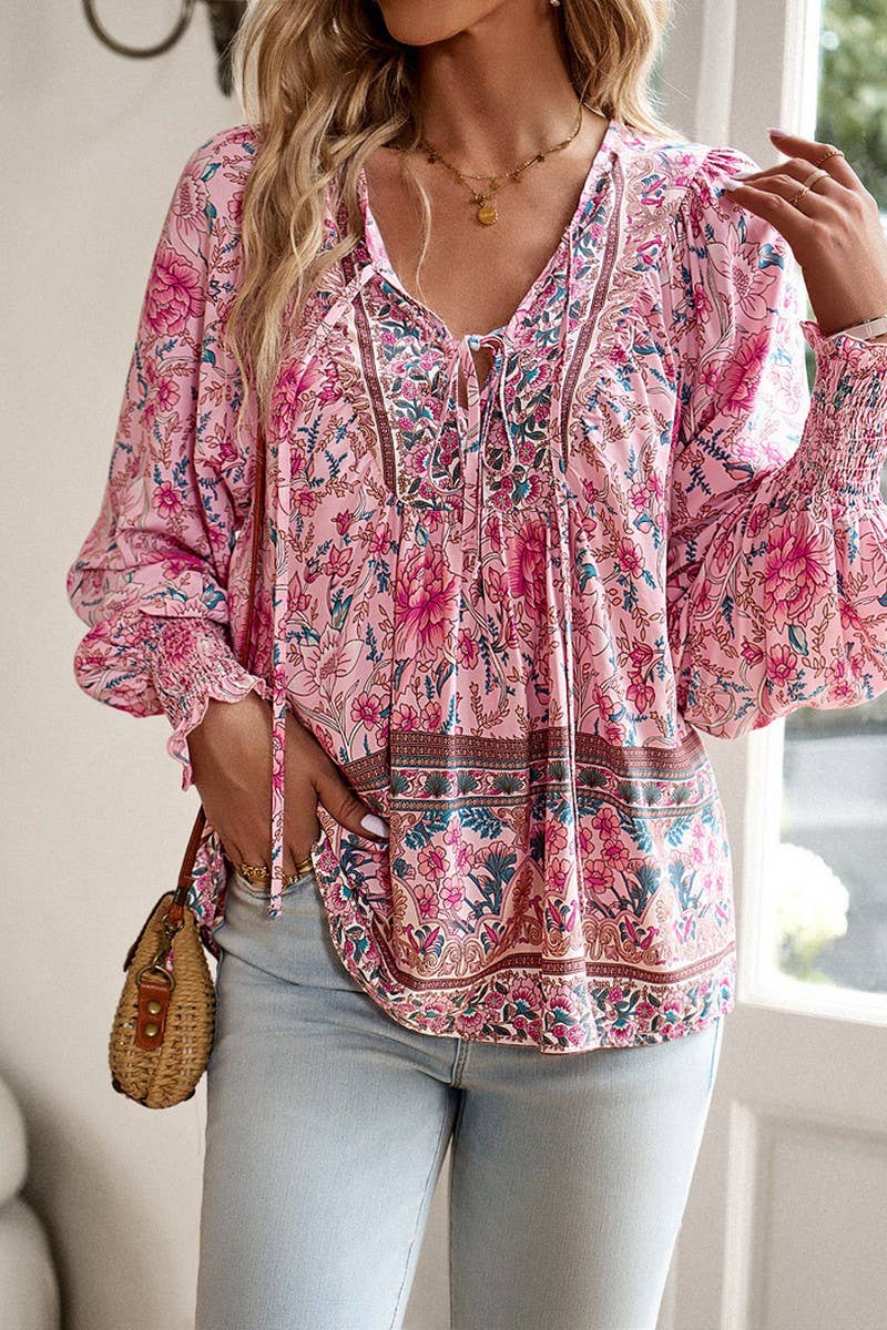CWTBLL3942_BOHO V-NECK TIE FRONT PRINTED LONG SLEEVE BLOUSE