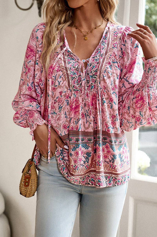 CWTBLL3942_BOHO V-NECK TIE FRONT PRINTED LONG SLEEVE BLOUSE