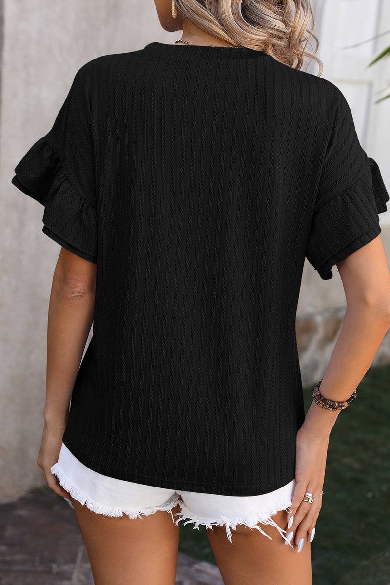 CWTBLS0906_ROUND NECK SHORT SLEEVE SHIRT WITH LOTUS SLEEVES