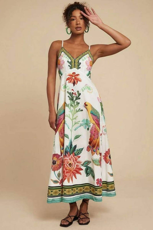 CWDMD5841_V-NECK FLORAL BOHO STRAPPY VACATION DRESS
