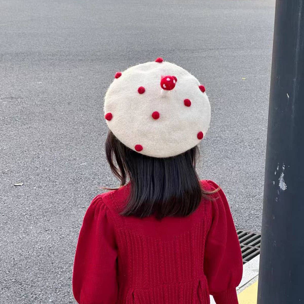 CWAH04554_KIDS BERET HAT RED MUSHROOM STYLE WINTER CAP