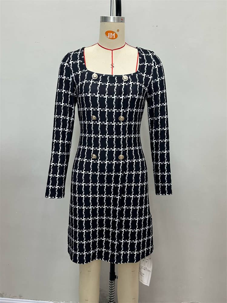 Elegant commuter square collar plaid print dress