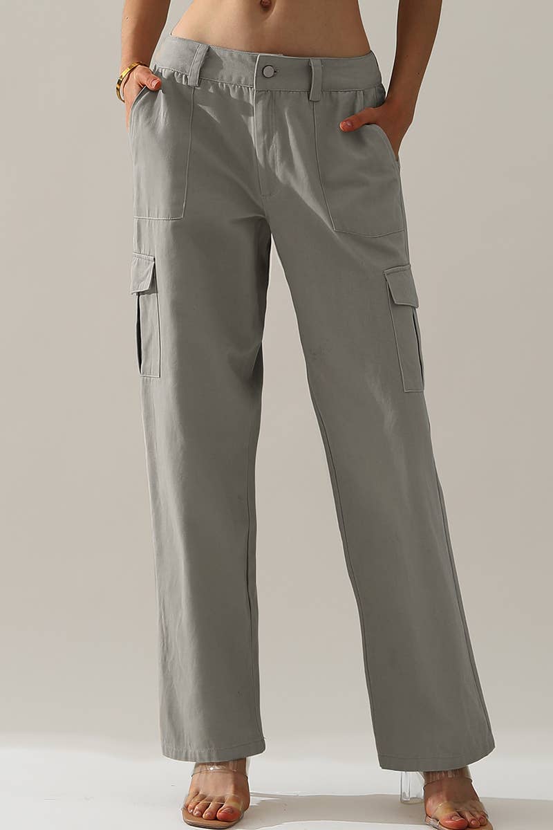 CWBLP421_Cargo Cotton Pants Wide Leg Casual Pants 4 Pockets