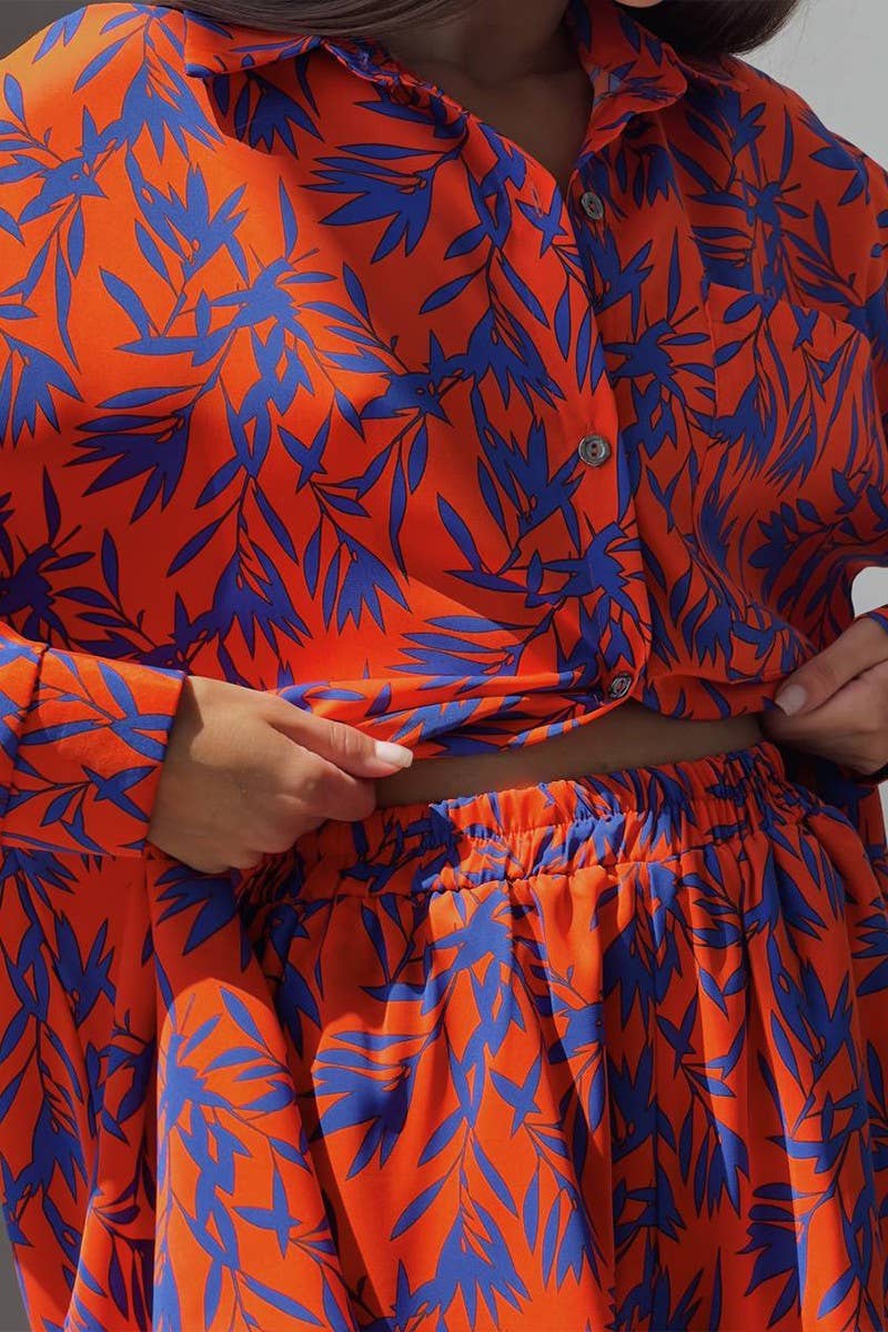 CWSTB1824_ORANGE BAMBOO PRINT SHIRT AND SHORTS SET