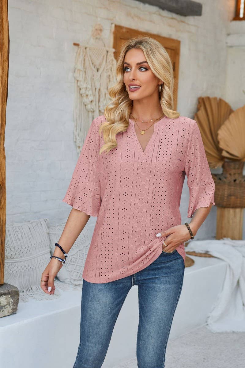 CWTTS00711_LOOSE V-NECK THREE-QUARTER SLEEVE TOP