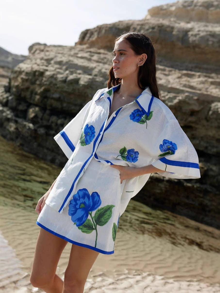 Casual linen shirt collar wrap hip skirt set