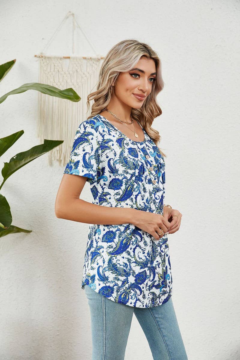 CWTBLS0850_BUTTON PRINT FLORAL SHORT SLEEVE BAGGY TOP