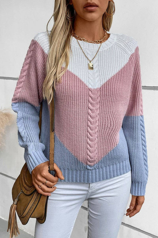 CWOSWL2871_CONTRASTING COLOR CABLE-KNIT SWEATER