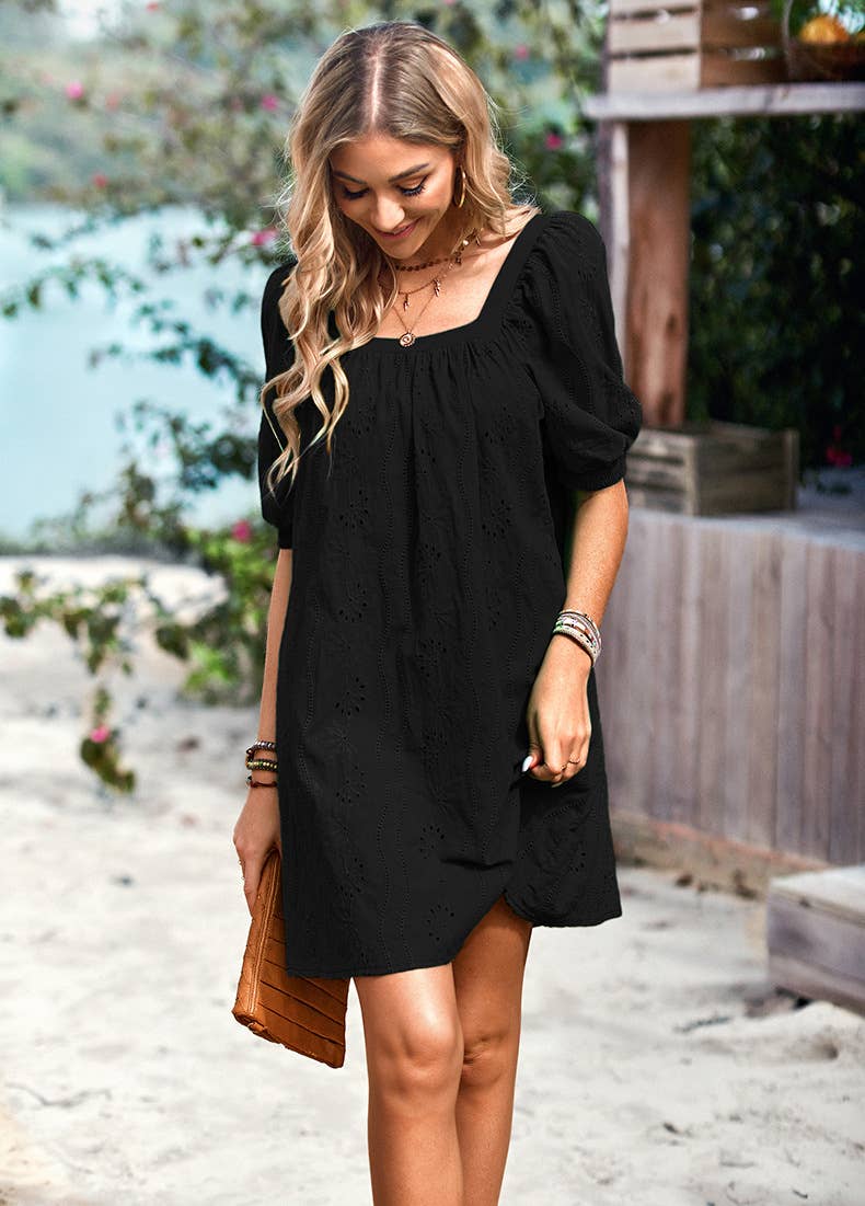 ELEGANT JACQUARD SHORT DRESS WITH SQUARE NECK