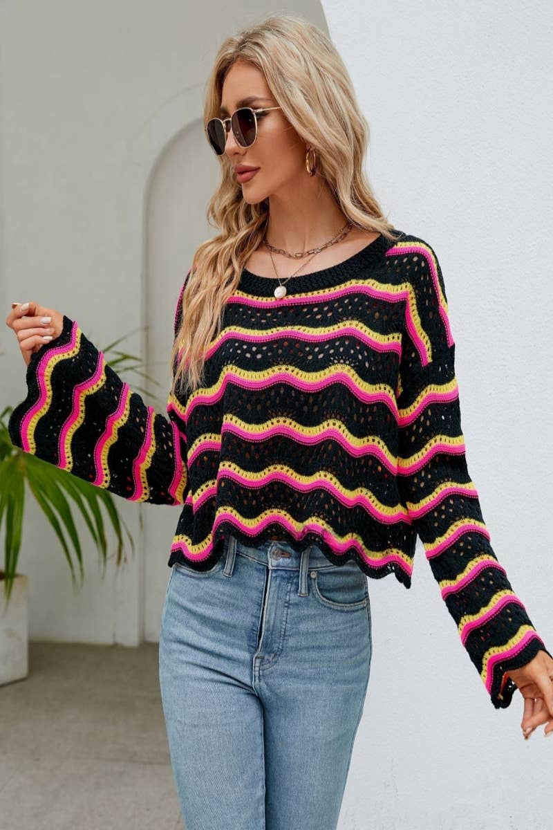 CWOSWL603 Flare Sleeved Round neck Hollowed Out Sweater