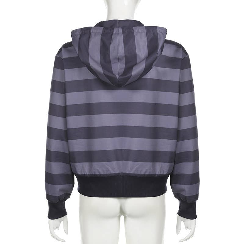 BASIC ZIPPER STRIPED COLOR CONTRAST CASUAL HOODIE