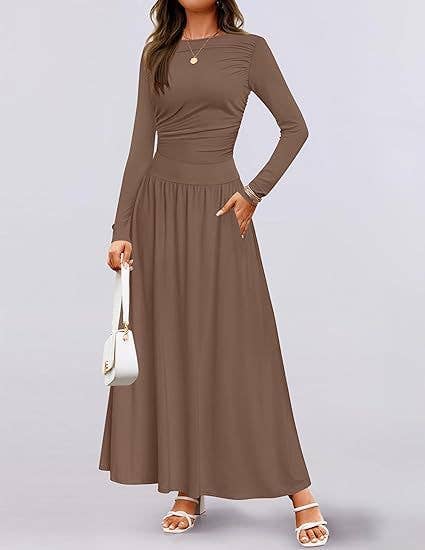 CREW NECK PLEATED POCKET SLIM LONG-SLEEVE DRESS