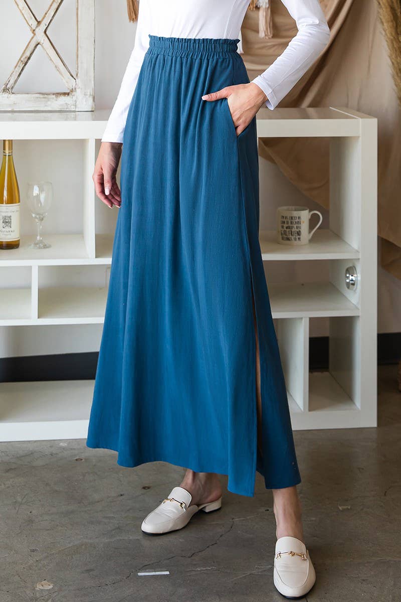 CWBLS132-P-S_SIDE SLIT DETAILED MAXI LINEN SKIRT