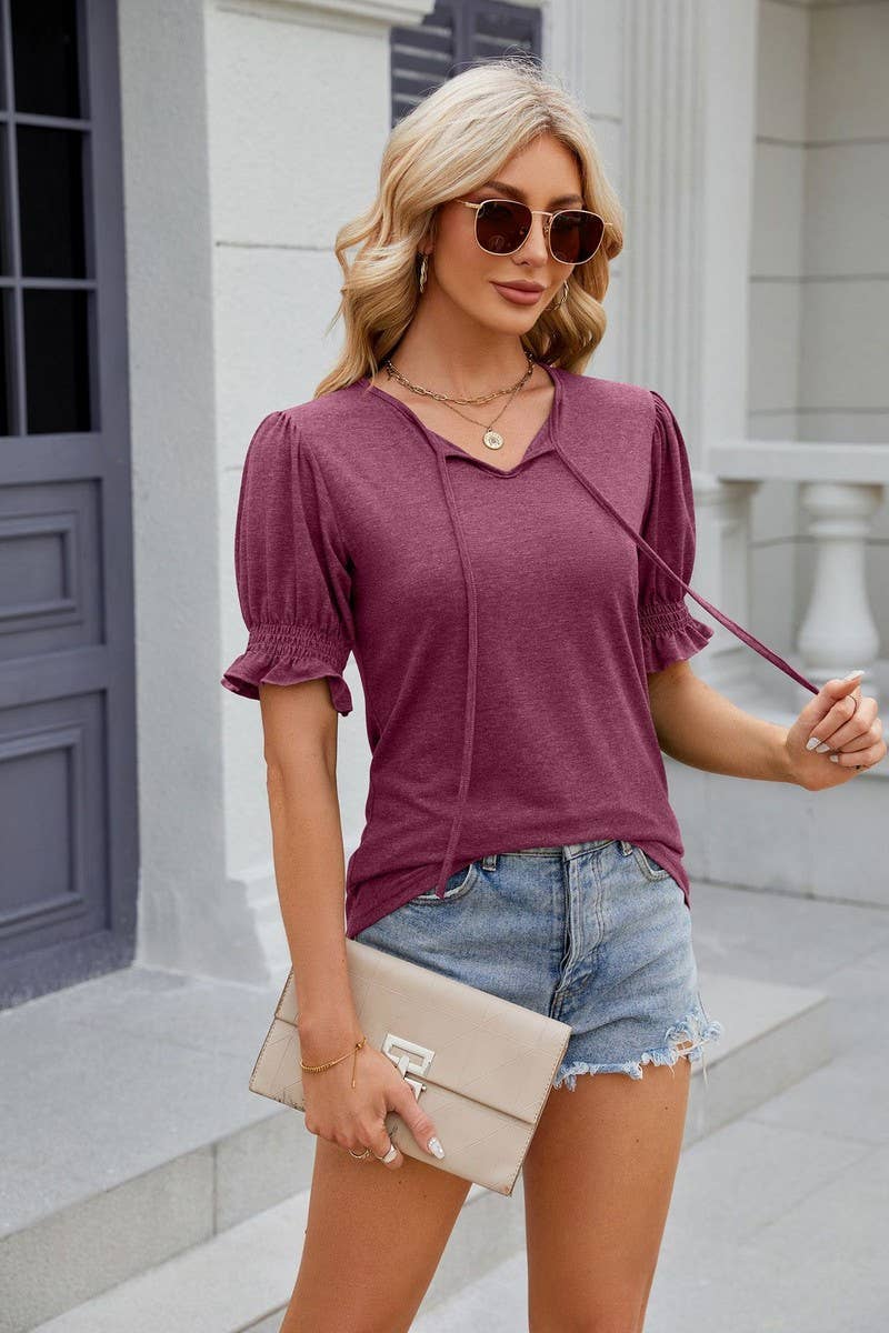 CWTTS0845_V-Neck Ruffle Short Sleeve Blouse