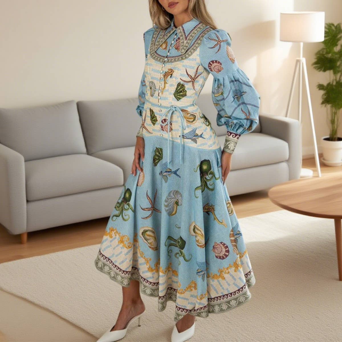 Fashionable doll-neck wide-hem dress