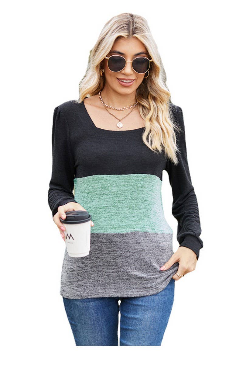 CWTBLL3681_SQUARE NECK PATCHWORK LOOSE LONG SLEEVE T-SHIRT