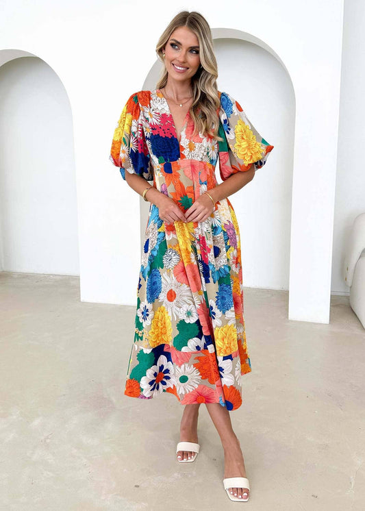 Floral printe puffed sleeve A-line elegant dress