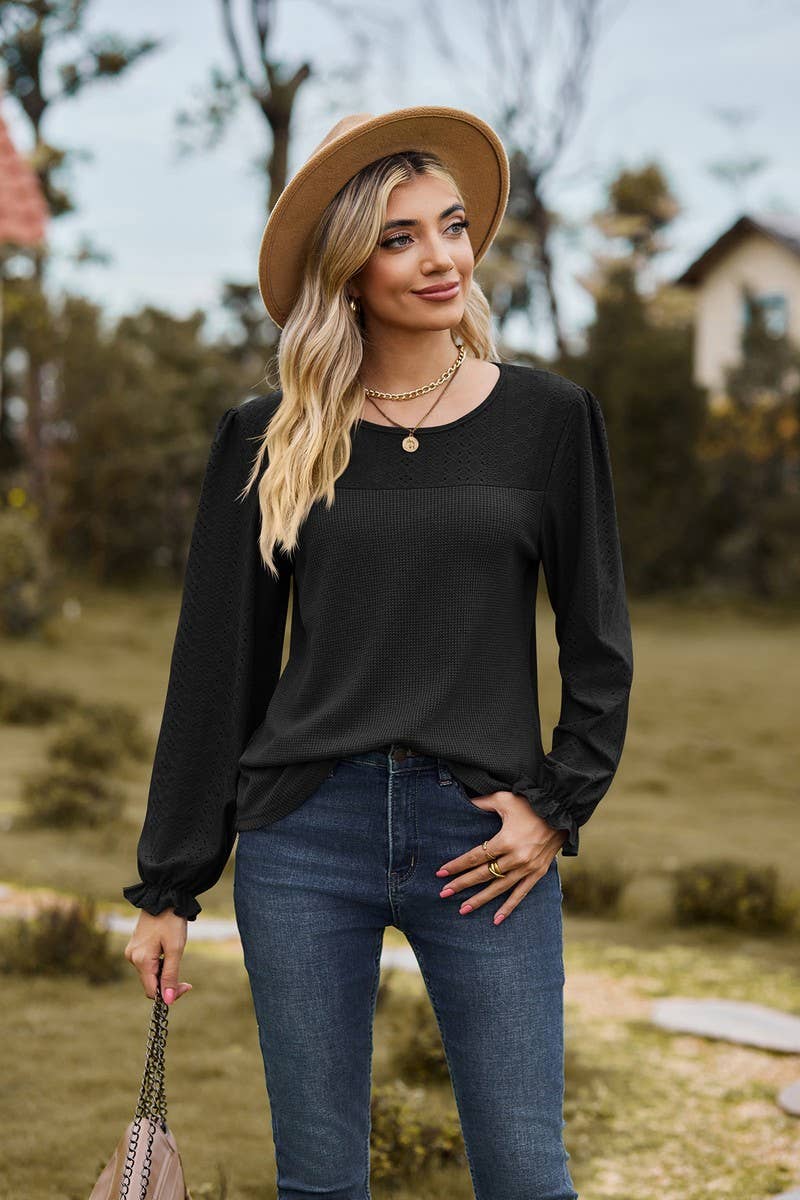 CWTBLL2417_SPLICED ROUND NECK LOOSE LONG SLEEVE T-SHIRT TOP