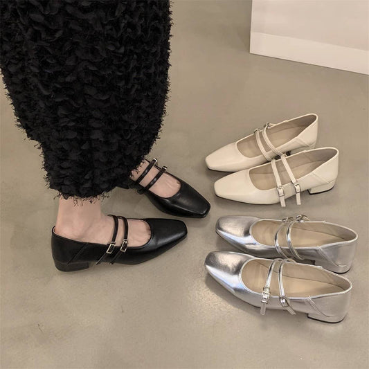 Silver Chunky Heel Mary Jane Shoes for Women