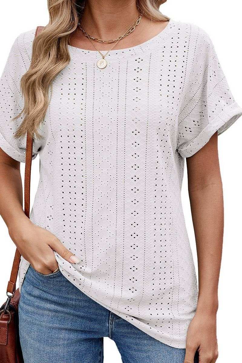 CWTBLS1735_HOLLOW ROUND NECK SHORT SLEEVE CASUAL T-SHIRT TOP