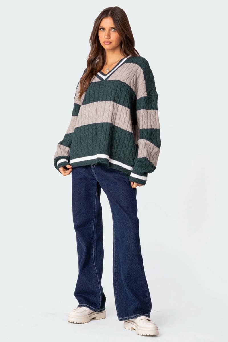 CWOSWL6749_V-NECK STRIPED CONTRAST LOOSE KNIT SWEATER