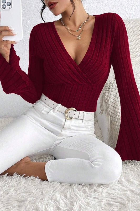 CWOSWL6451_V-NECK FLARED SLEEVE SLIM FIT BOTTOMING TOP