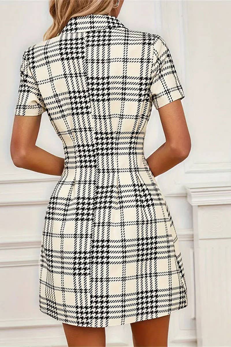 CWDSD7655_SPRING AND SUMMER HOUNDSTOOTH SHORT SHIRT DRESS