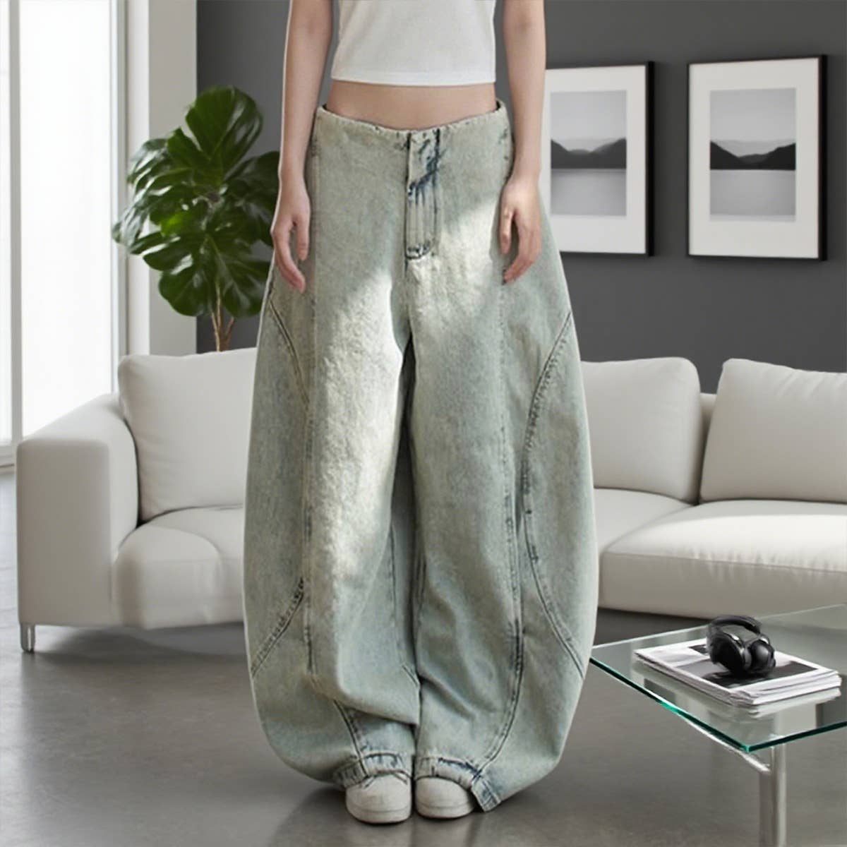 Deconstructed casual loose wide-leg jeans