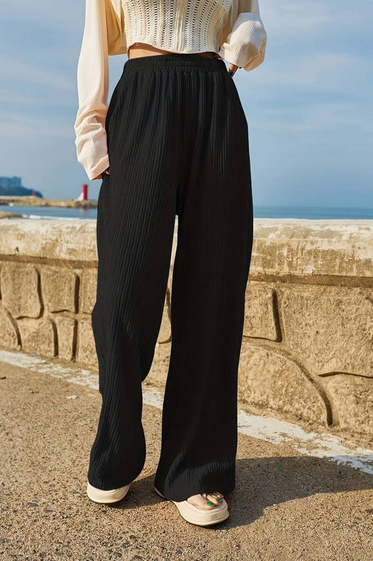CWBLP1127_PURE BLACK DRAPE WIDE-LEG CASUAL TROUSERS