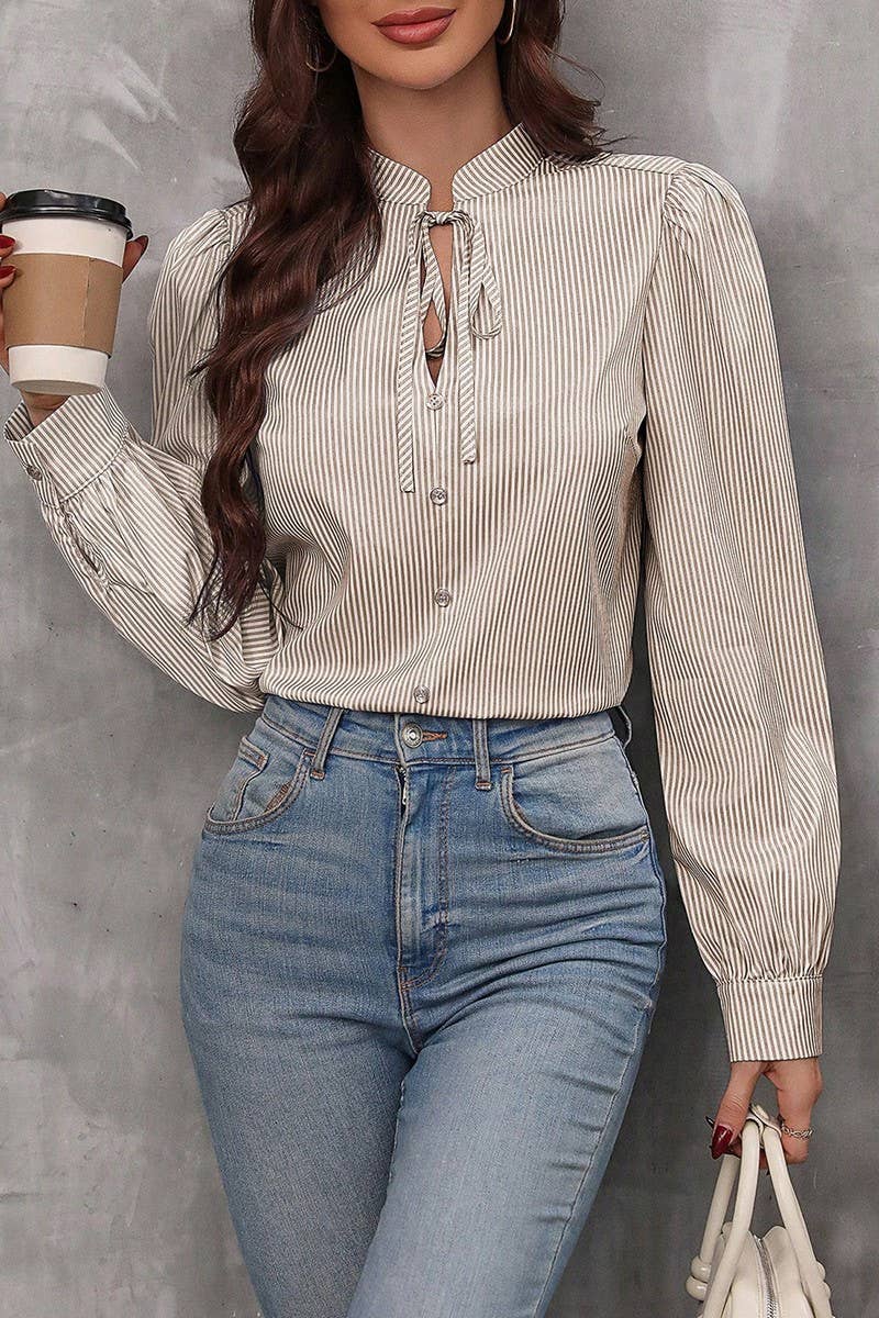 CWTBLL01287_HALF-OPEN COLLAR TIE LONG-SLEEVED STRIPED SHIRT