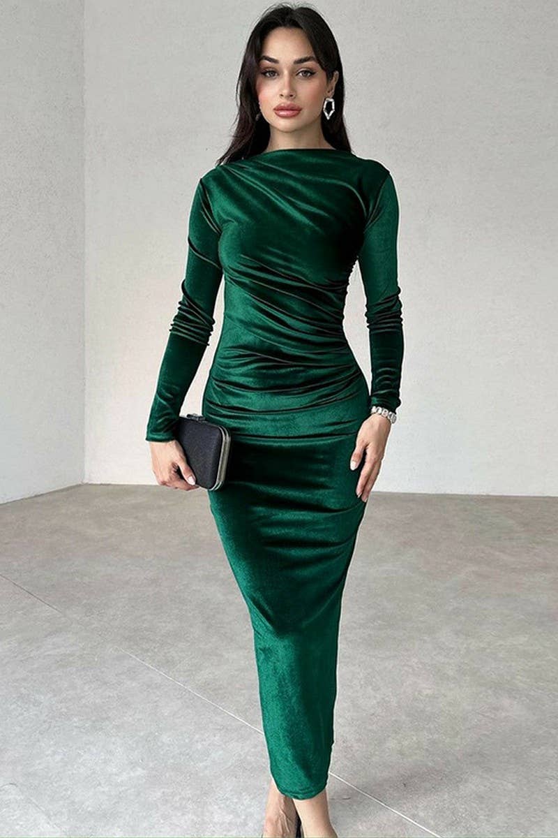 CWDMD4098_SLIM FIT PLEATED LONG SLEEVE TUXEDO DRESS