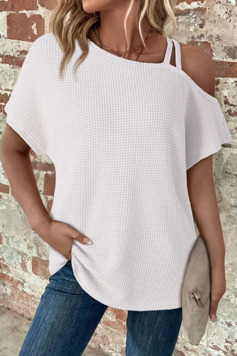 CWTBLS1617_SOLID COLOR OFF-SHOULDER SHORT-SLEEVED KNIT TOP