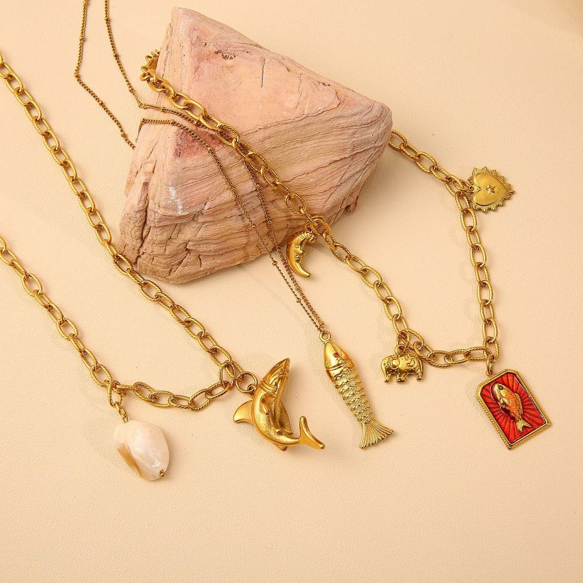 Original Steel Ocean Necklace with Fish & Dolphin_CWMM8831