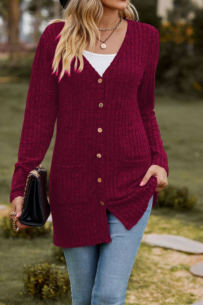 CWOCAL2286_BUTTON-UP BRUSHED RIBBED LONG SLEEVE CARDIGAN