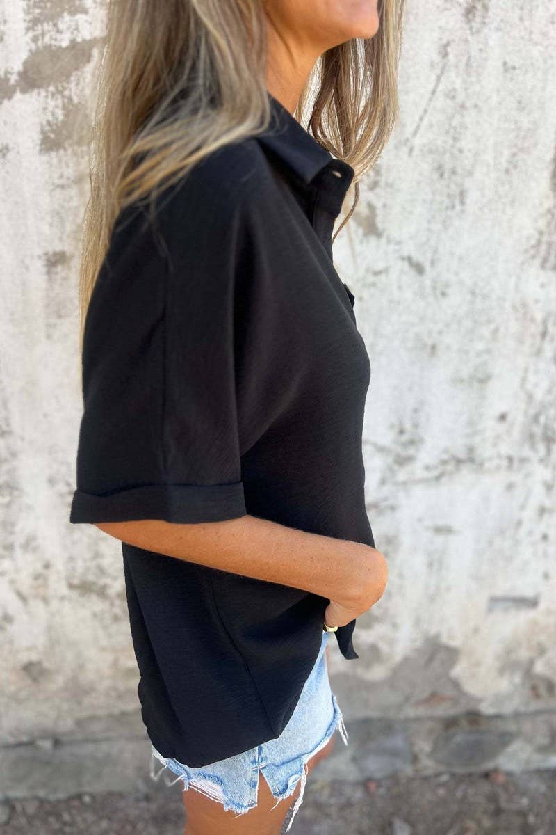 CWTBLS2329_SOLID CASUAL COLLARED BUTTON SHORT SLEEVE SHIRT