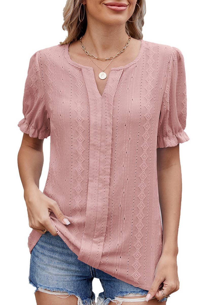 CWTBLS1727_SOLID COLOR V-NECK LOOSE PUFF SLEEVE JACQUARD TOP