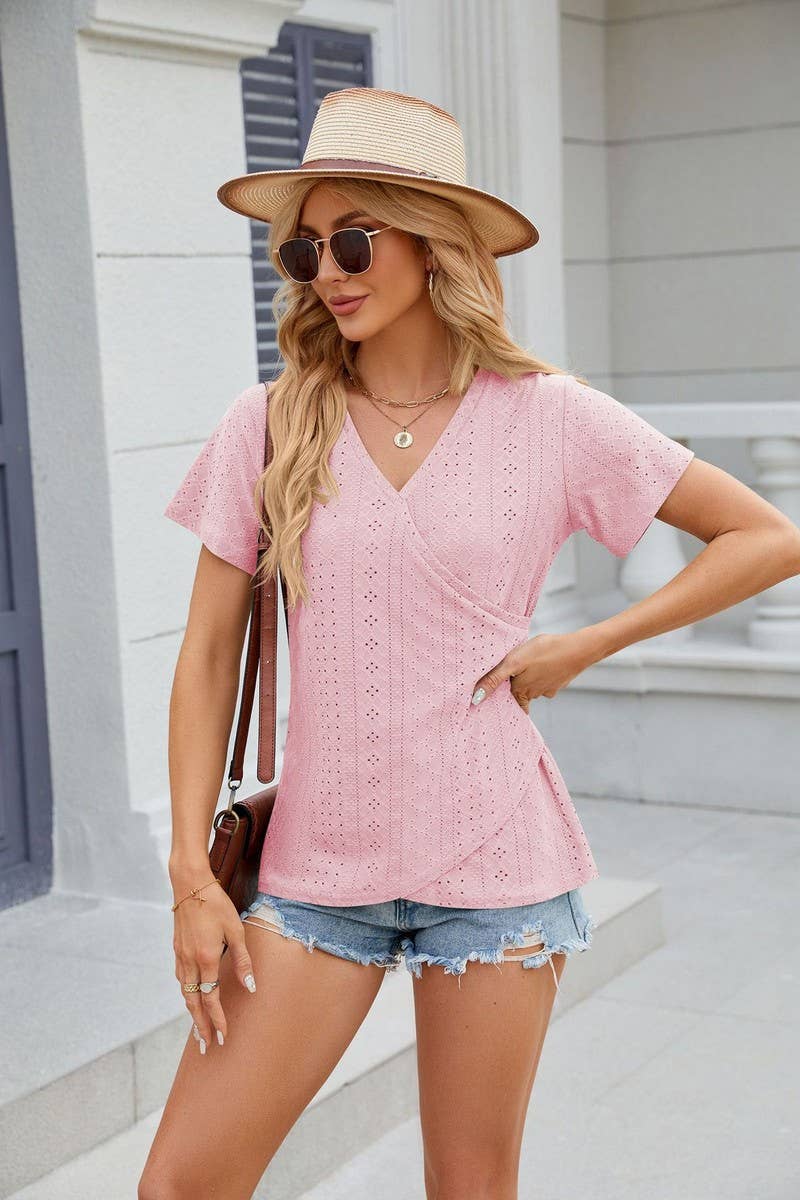 CWTTS0847_V-Neck Short Sleeve Knit Top