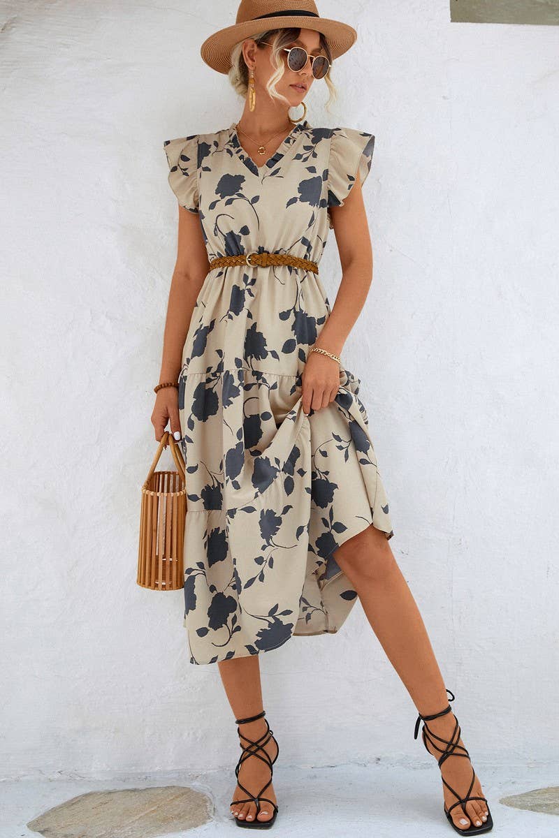 CWDMD2806_V-NECK PRINTED FLYING SLEEVE MIDI DRESS