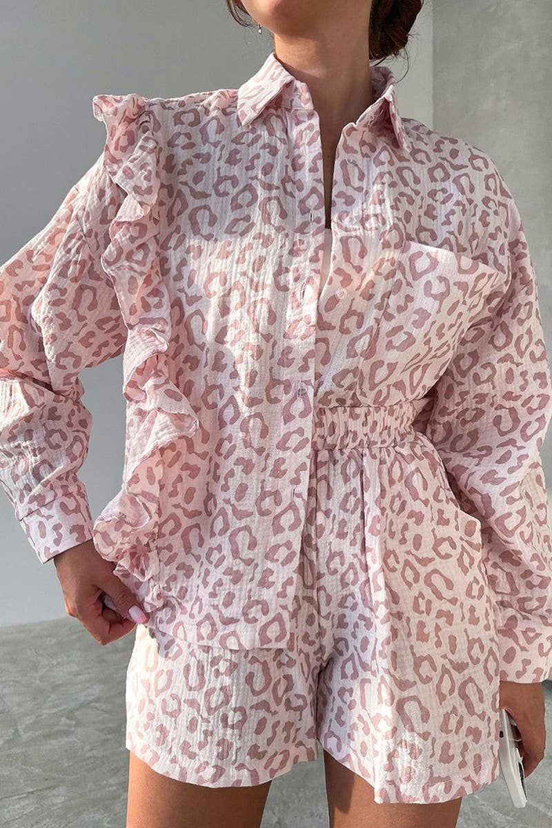 CWSPJ0055_PINK PRINTED LONG SLEEVE SHIRT SHORTS PAJAMA SET